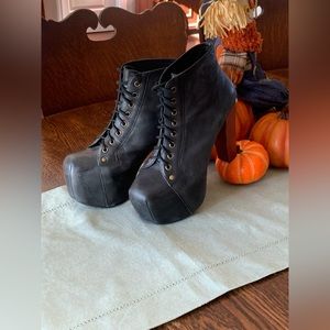 black pleather, orange high box heel